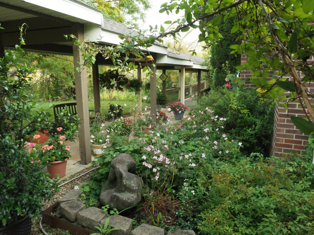 covered walk path with flowers 