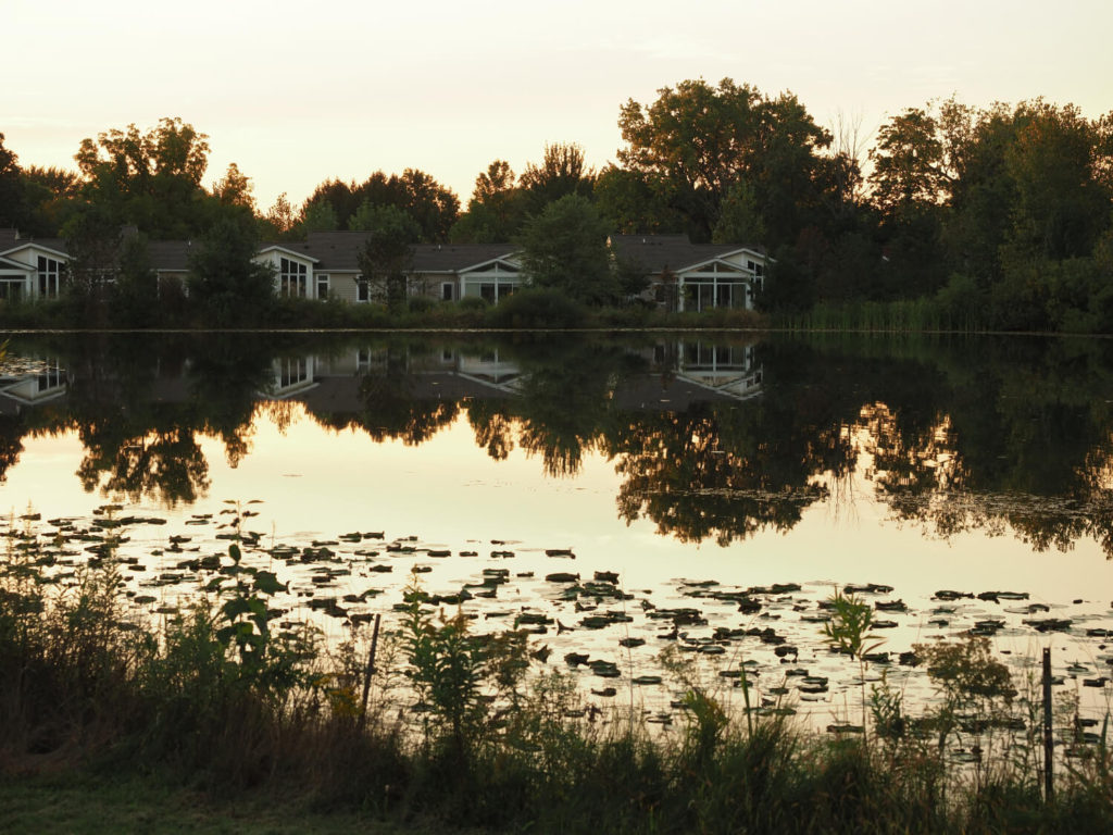 cottages and pond at dusk 