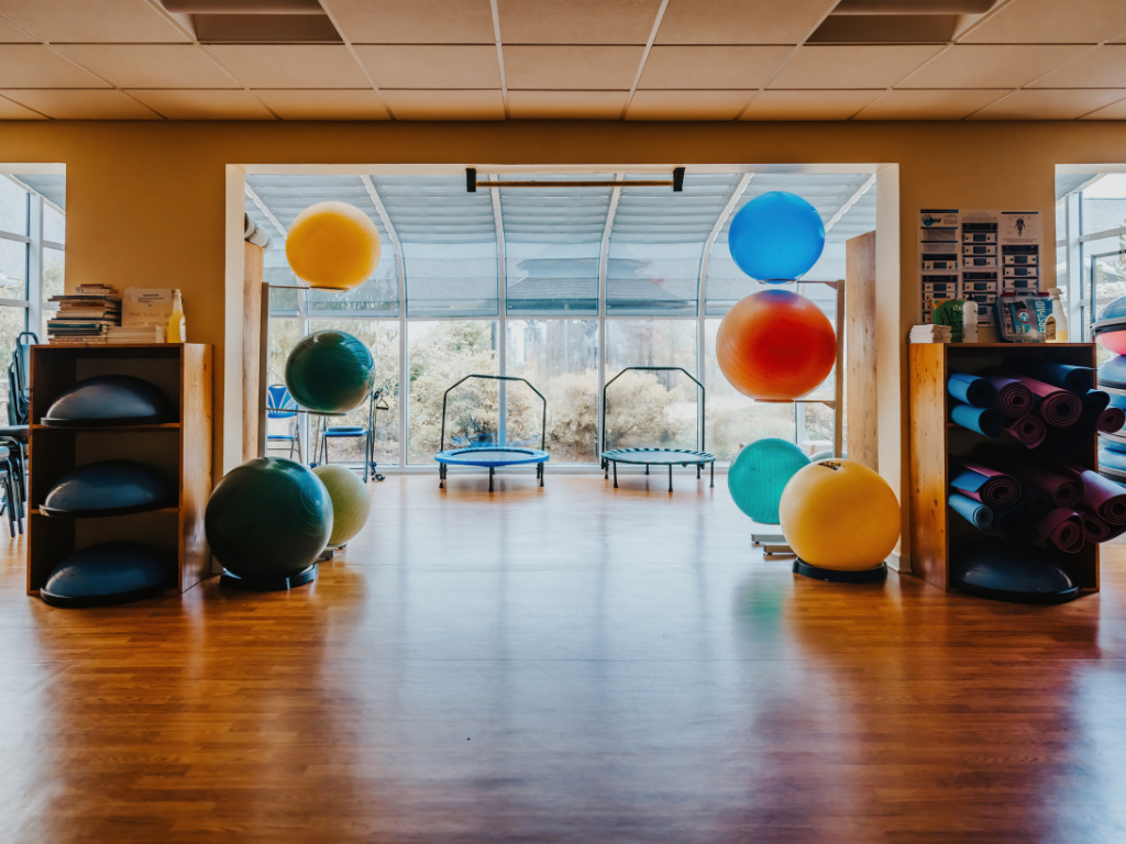 yoga balls and small workout trampolines