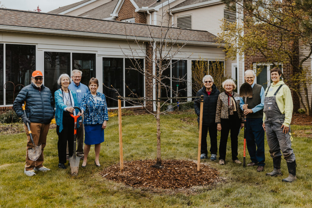 Group of people standing around newly planted tree