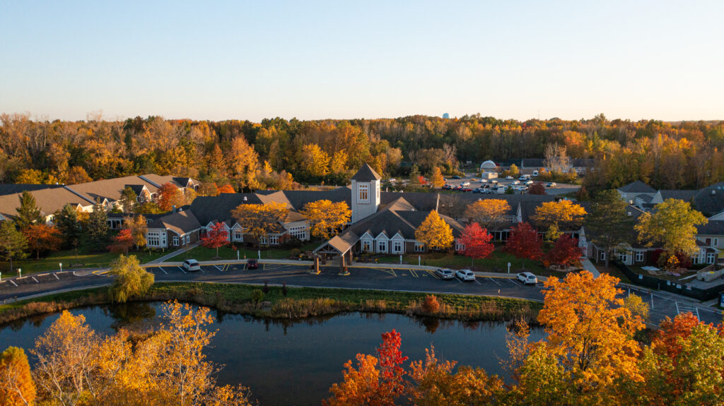 aerial image of Kendal at Oberlin campus in the fall