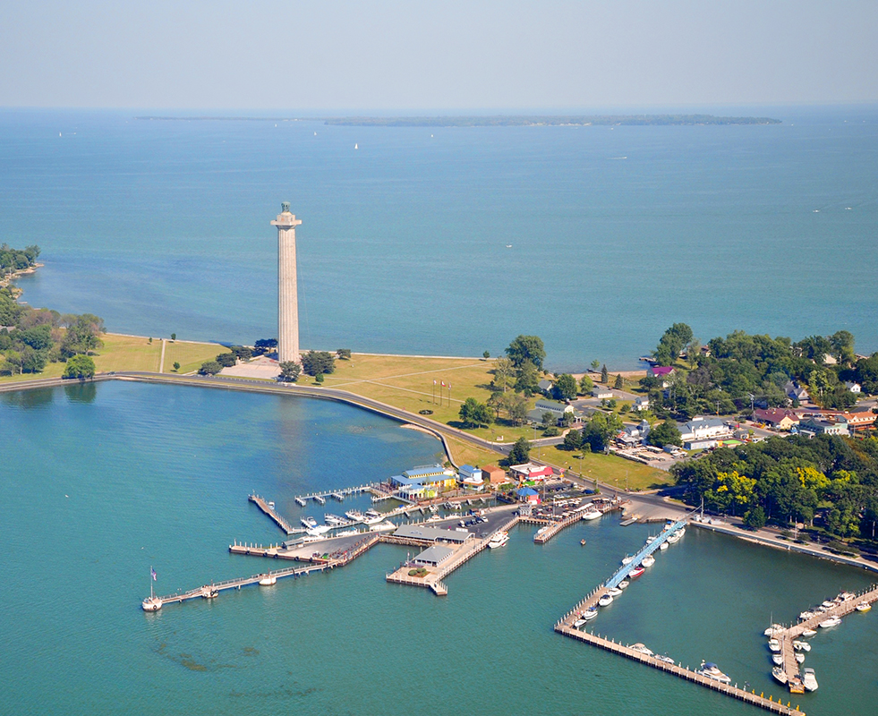 Birdseye view of South Bass Island and the boat docks and Perry&rsquo;s Victory Monument